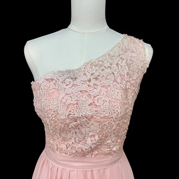 Blush Pink One Shoulder Lace Bodice Chiffon Maxi Formal Dress Size 4/6 - Picture 5 of 13